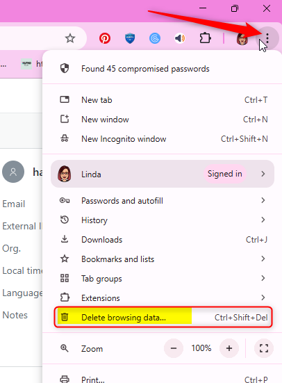 This image demonstrates the steps to navigate to Delete Browsing Data.