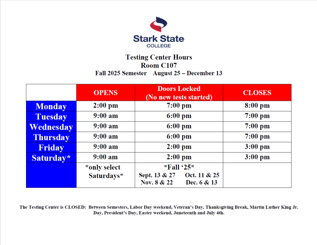 Main Campus Testing Center Hours