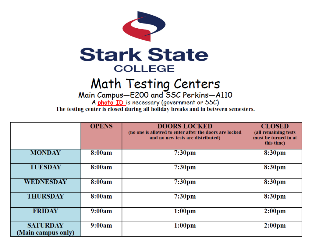 Hours that the Math Testing Center is open